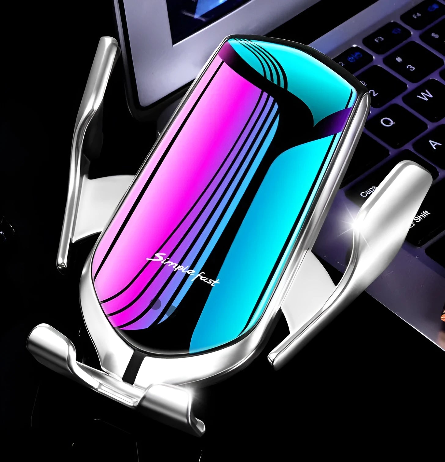 Magic Clip R1 automatic clamping car phone holder with wireless charging in gold and silver colour options.