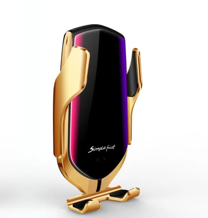 Magic Clip R1 automatic clamping car phone holder with wireless charging in gold and silver colour options.