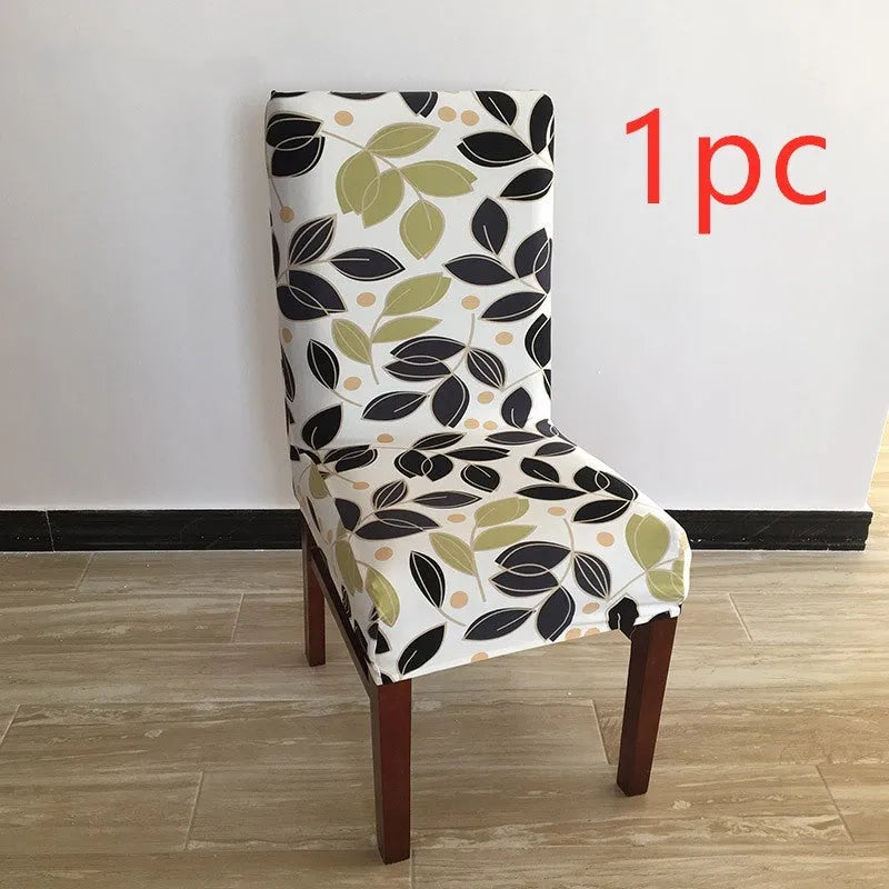 A stretchy spandex chair cover fitted neatly on a four-legged wooden dining chair.