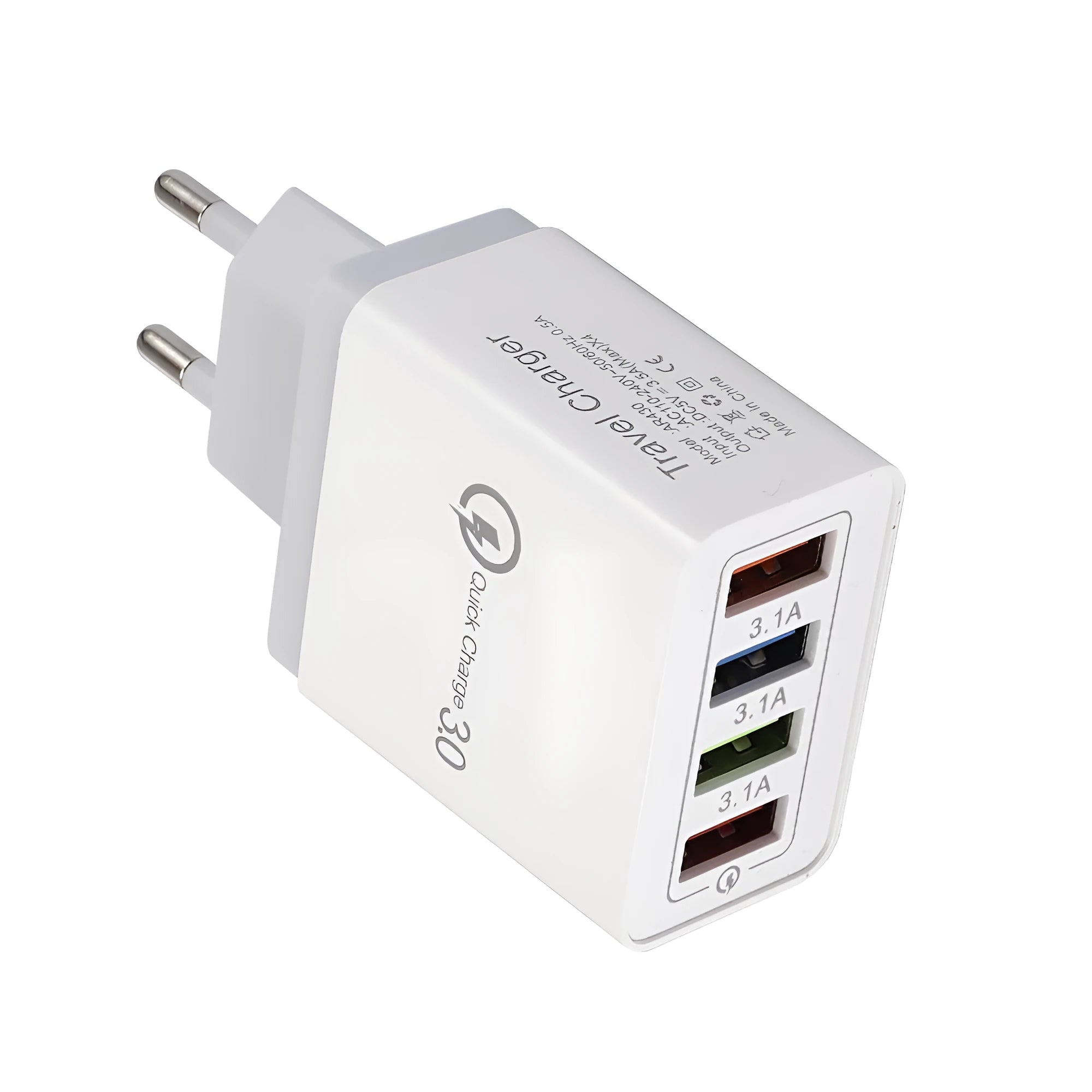 Four-port USB wall charger with LED light in choice of seven colours and EU/US plug options