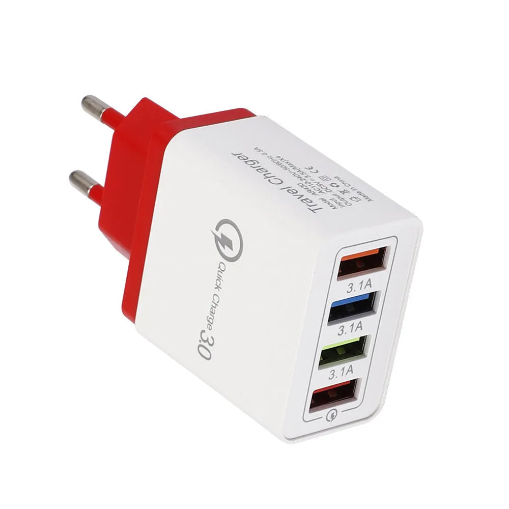 Four-port USB wall charger with LED light in choice of seven colours and EU/US plug options
