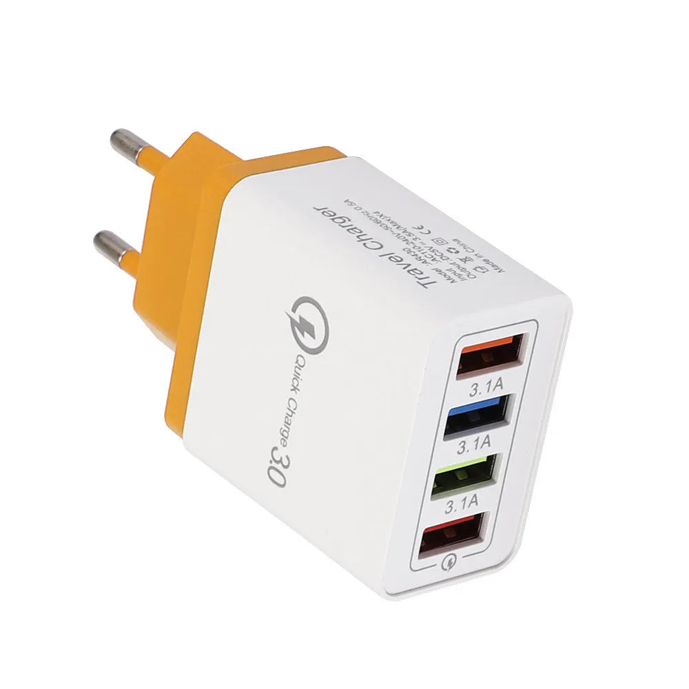 Four-port USB wall charger with LED light in choice of seven colours and EU/US plug options