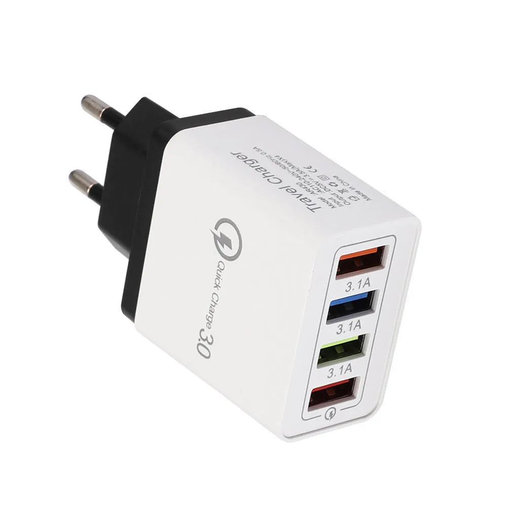 Four-port USB wall charger with LED light in choice of seven colours and EU/US plug options