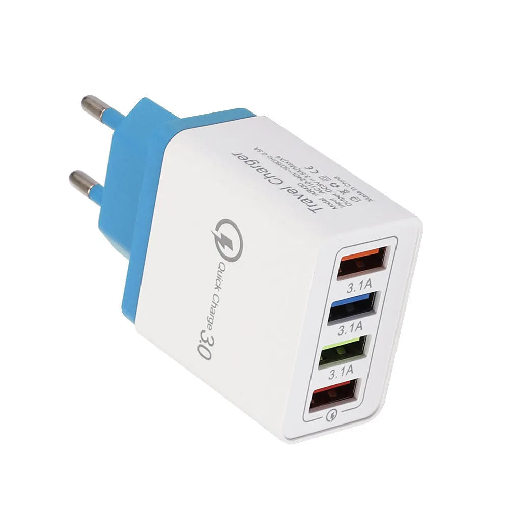 Four-port USB wall charger with LED light in choice of seven colours and EU/US plug options