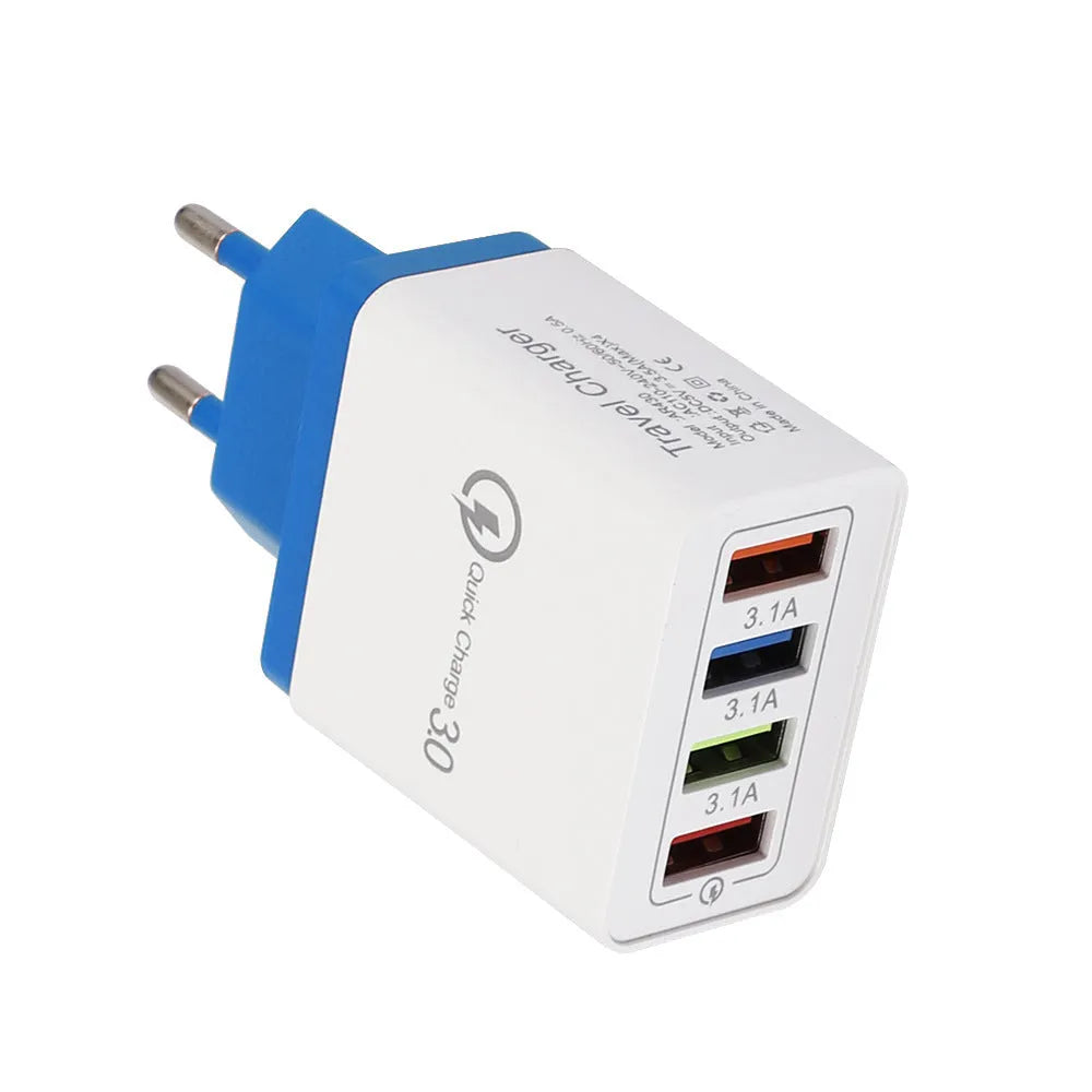 Four-port USB wall charger with LED light in choice of seven colours and EU/US plug options