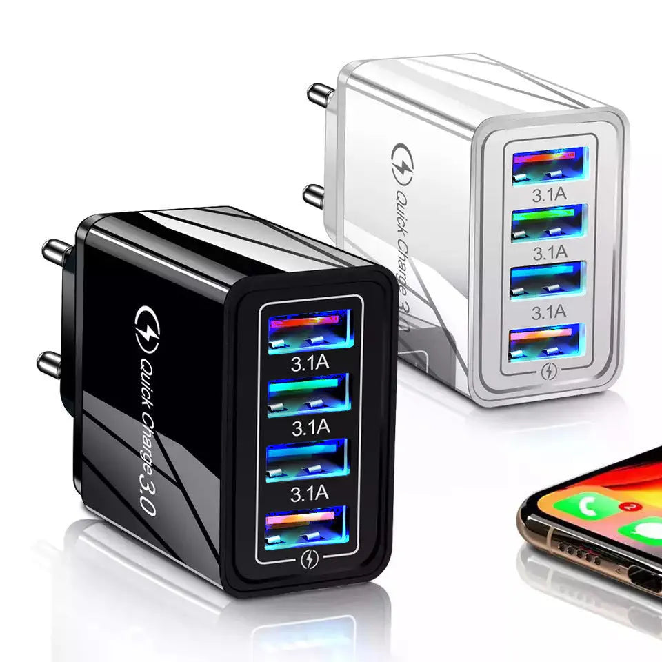Four-port USB wall charger with LED light in choice of seven colours and EU/US plug options