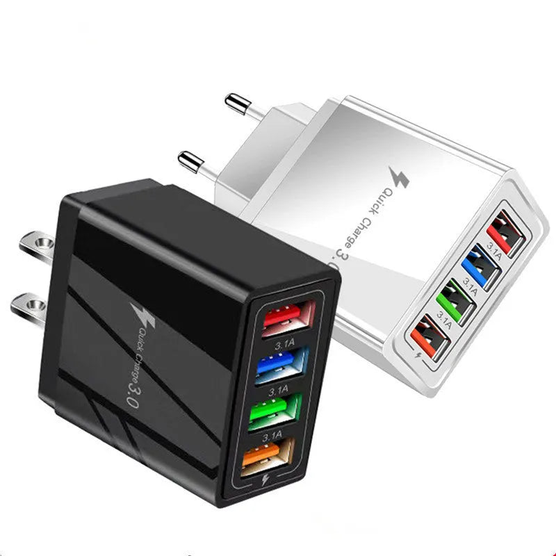 Four-port USB wall charger with LED light in choice of seven colours and EU/US plug options