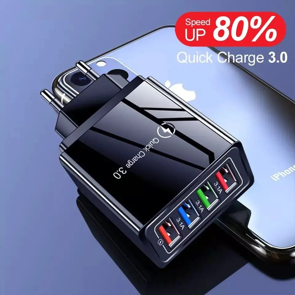Four-port USB wall charger with LED light in choice of seven colours and EU/US plug options