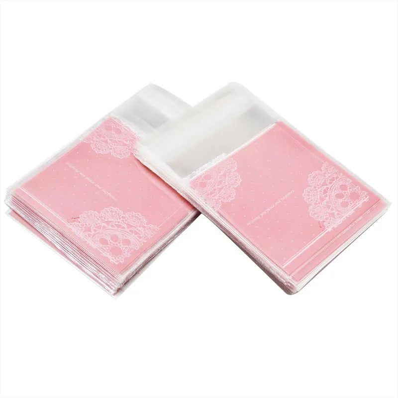 Pink self-adhesive plastic packaging bags with UV printing, 7x7cm size