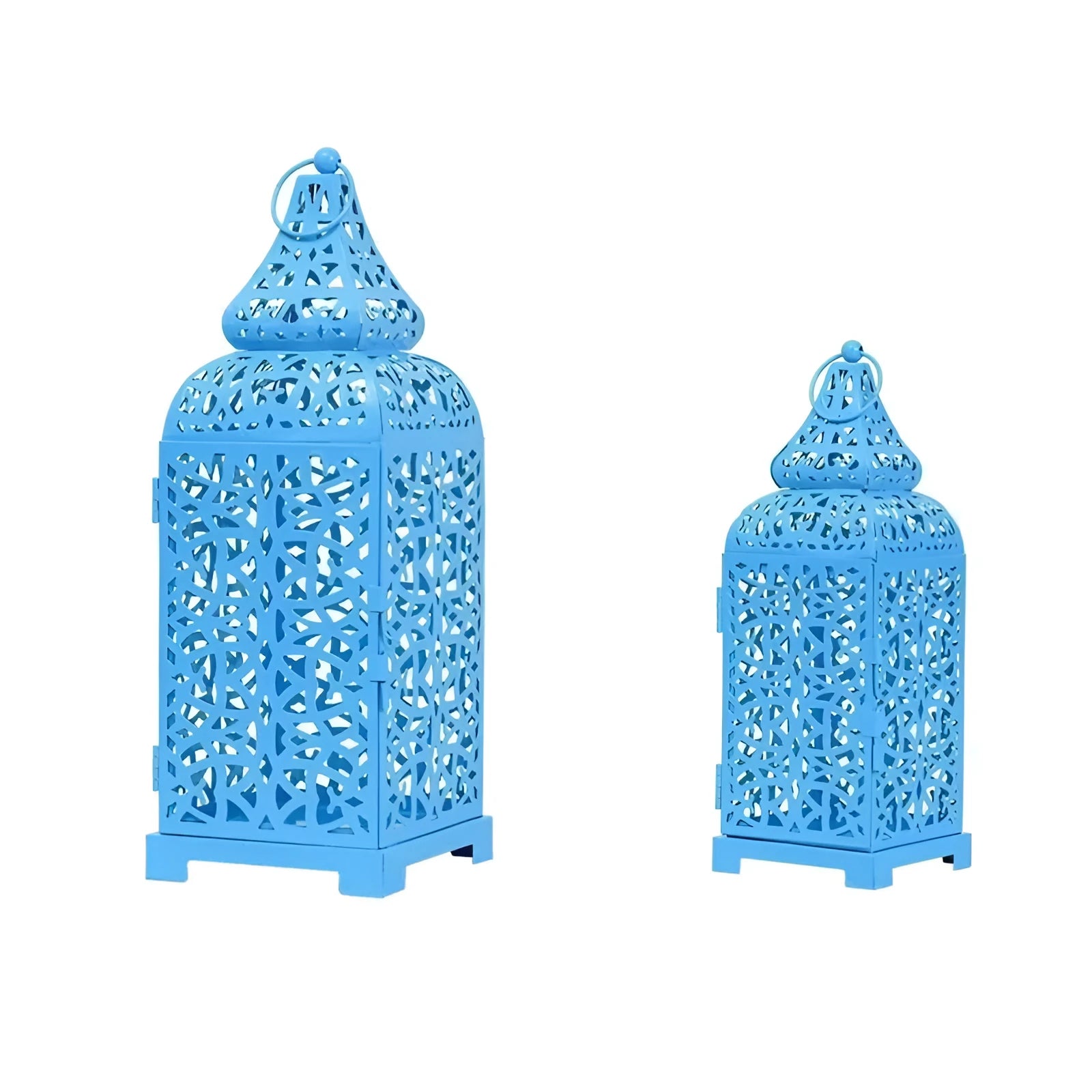 Blue geometric Moroccan-style metal candelabra with hollow design and hanging ornaments