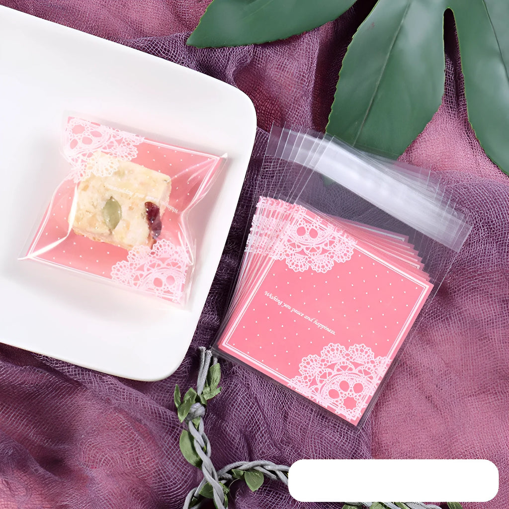 Pink self-adhesive plastic packaging bags with UV printing, 7x7cm size