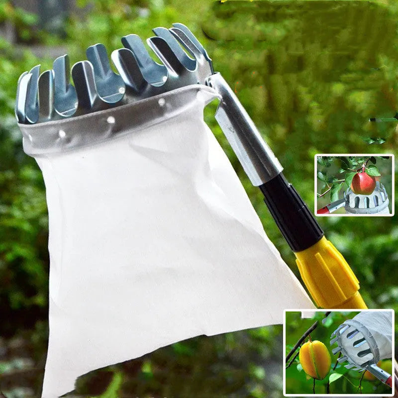 Steel-framed fruit picker garden tool with a blue cloth catcher bag for harvesting citrus and peaches.