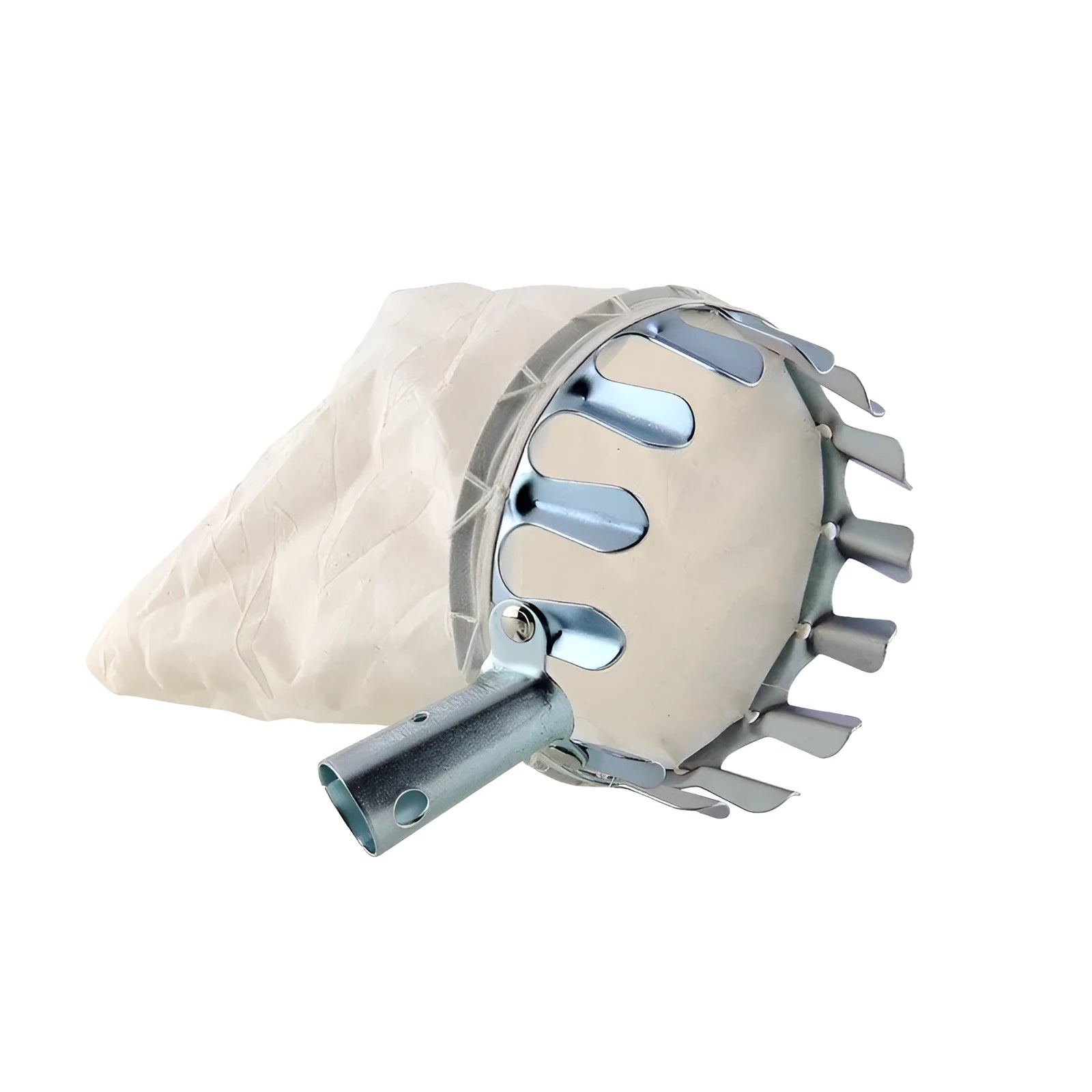 Steel-framed fruit picker garden tool with a blue cloth catcher bag for harvesting citrus and peaches.