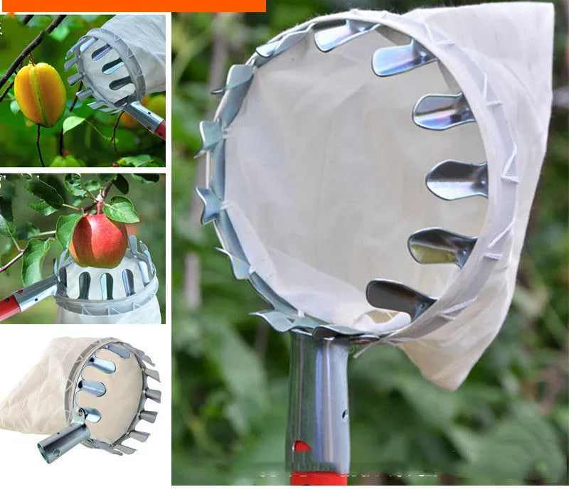 Steel-framed fruit picker garden tool with a blue cloth catcher bag for harvesting citrus and peaches.