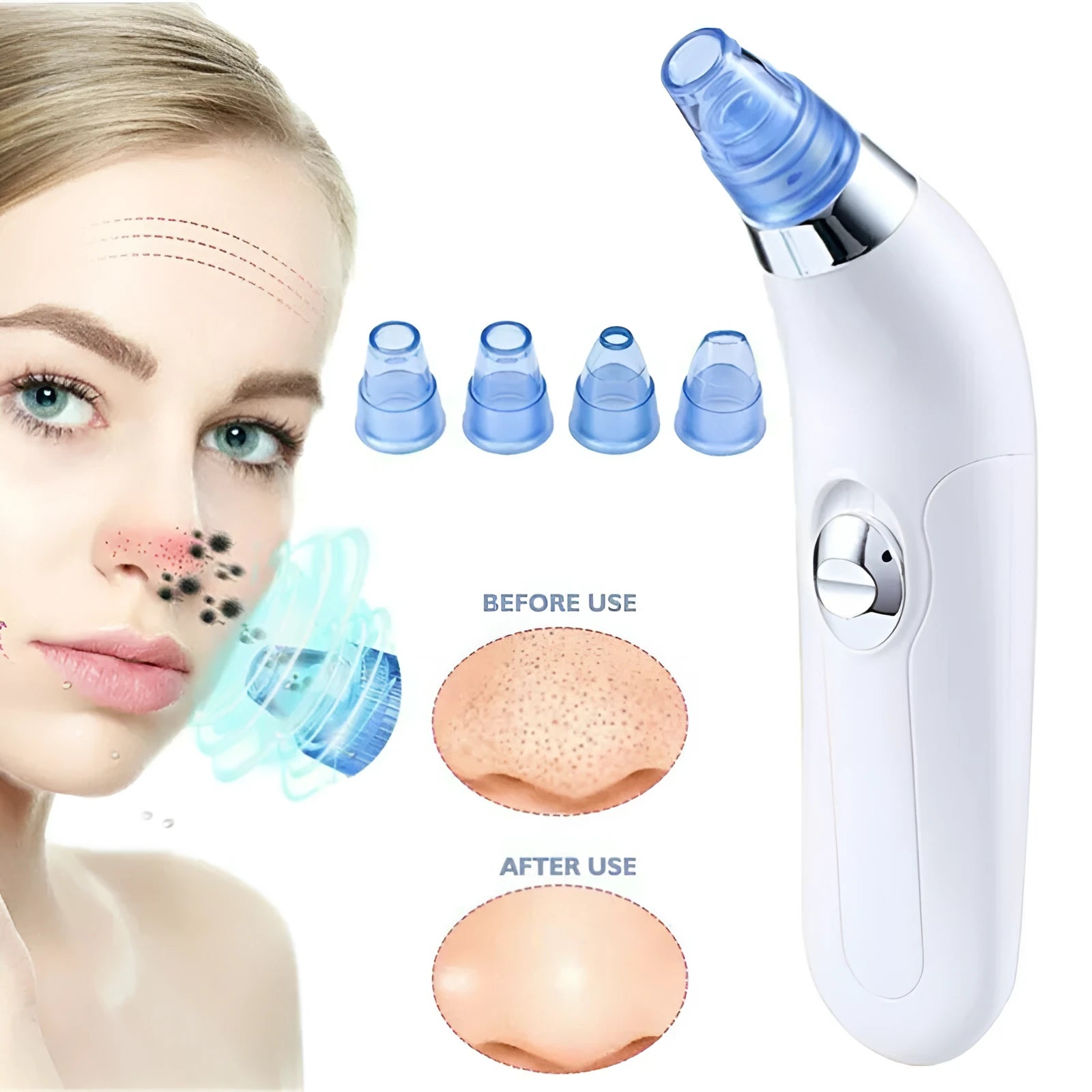 Electric pore blackhead cleaner in pink and white colours with ultrasonic vibration working method for facial skincare