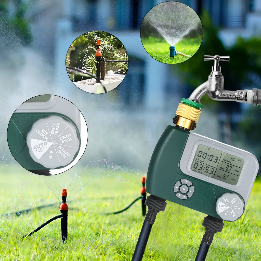 Green digital automatic hose faucet timer with large display and copper connector for garden irrigation