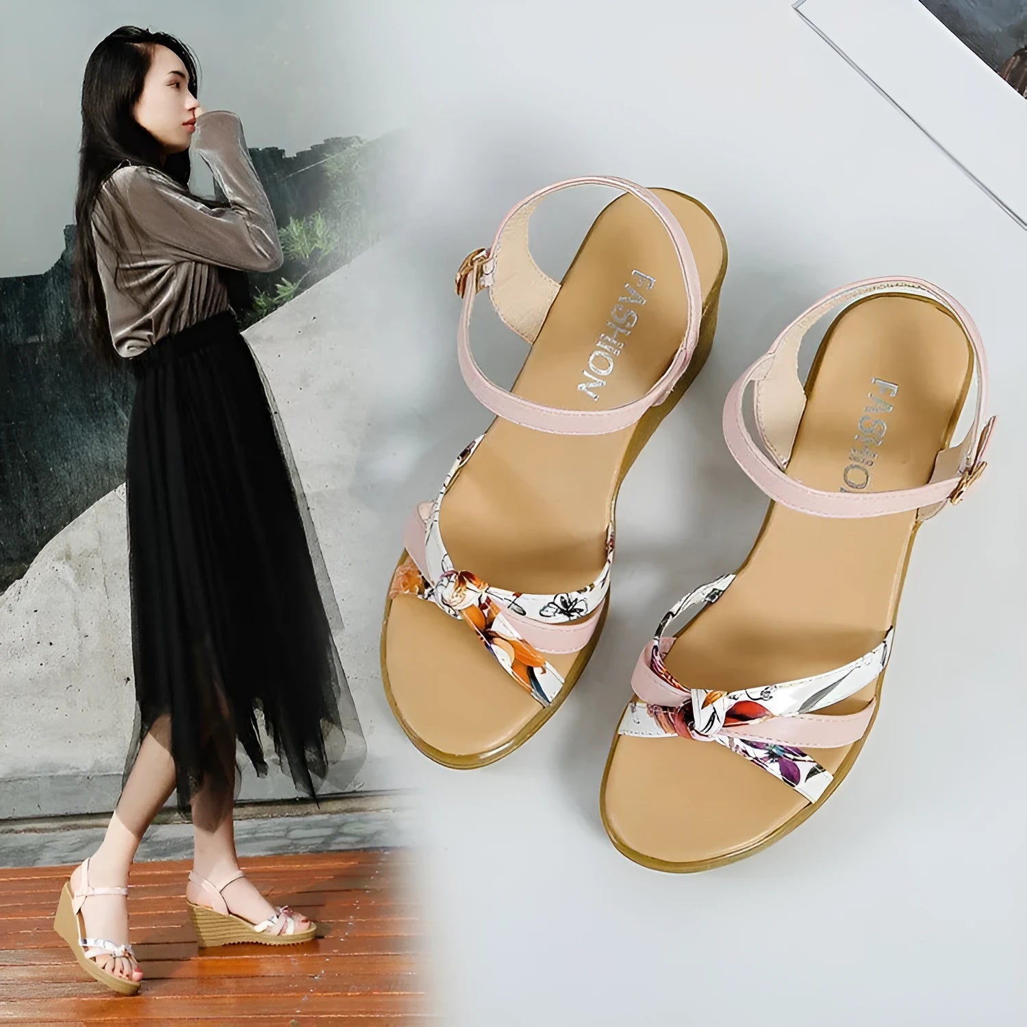 Women's pink wedge sandals with a fish mouth opening and buckle strap on a non-slip PU sole.