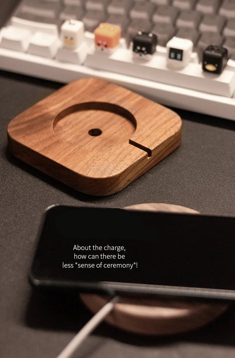 Walnut wood magnetic wireless charger bracket base with protective cover for desktop use