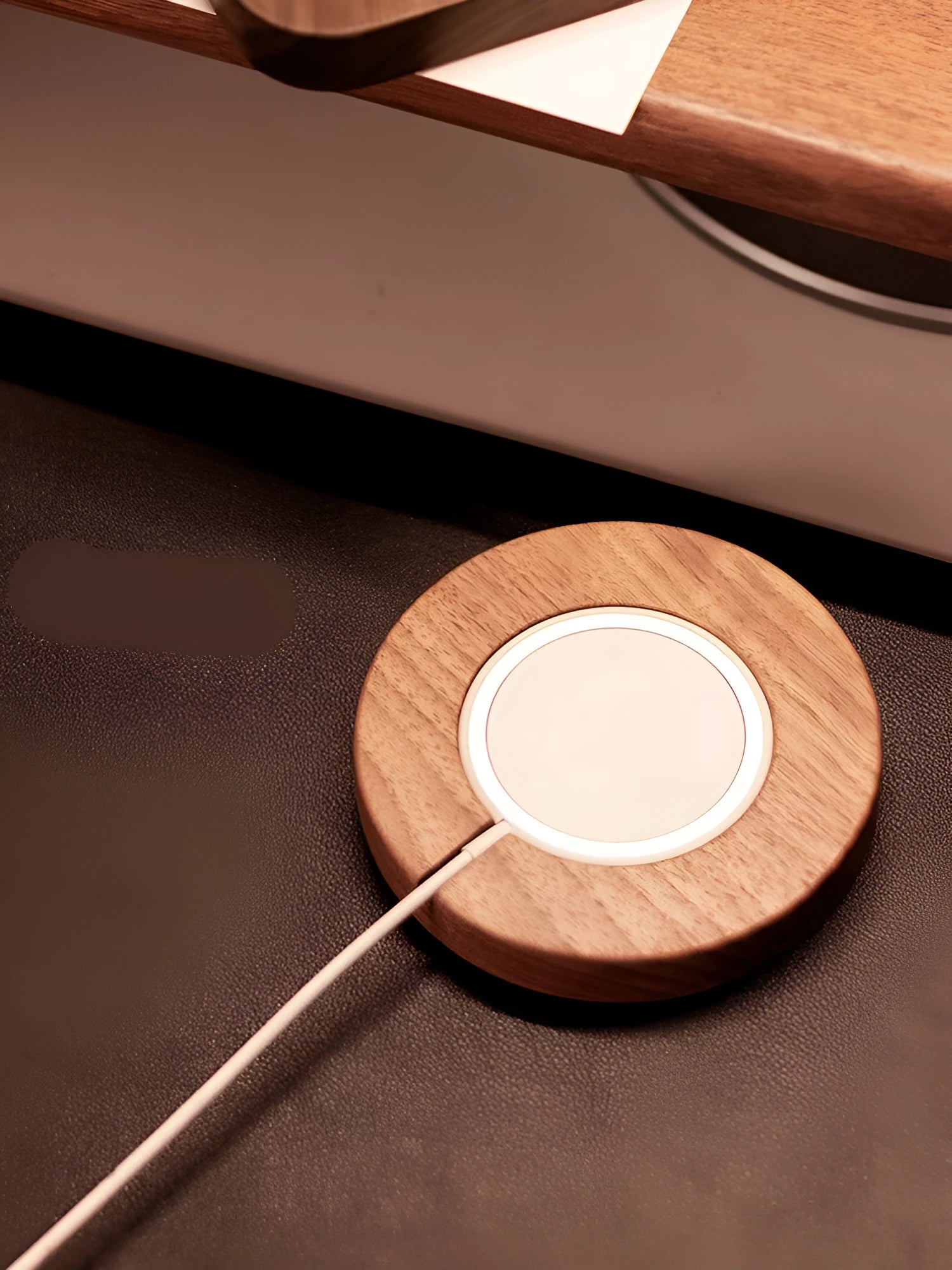 Walnut wood magnetic wireless charger bracket base with protective cover for desktop use