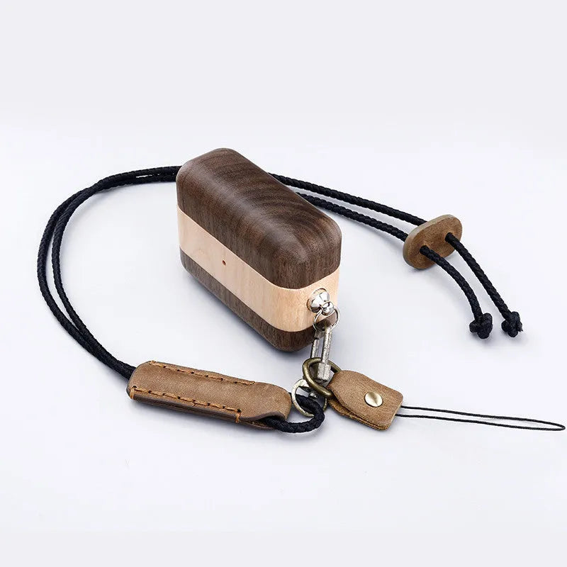 Solid wood Bluetooth earphone sleeve with lanyard in natural wood finishes