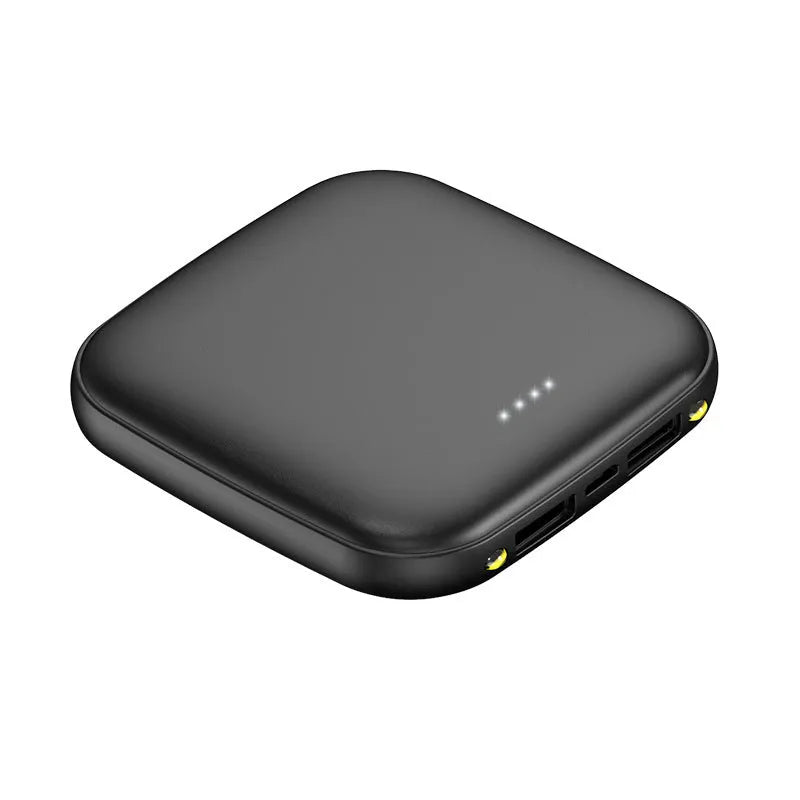 20000 mAh mini power bank in black colour showing dimensions of 82mm x 82mm with LED flashlight