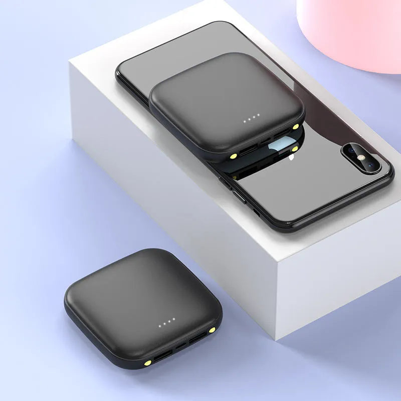 20000 mAh mini power bank in black colour showing dimensions of 82mm x 82mm with LED flashlight