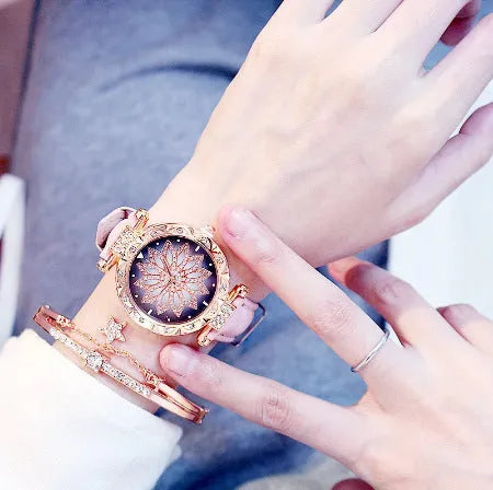 Women's diamond fashion watch with round dial, waterproof to 30m, shown in multiple colour options.