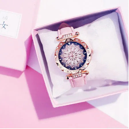 Women's diamond fashion watch with round dial, waterproof to 30m, shown in multiple colour options.
