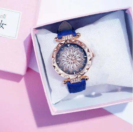 Women's diamond fashion watch with round dial, waterproof to 30m, shown in multiple colour options.