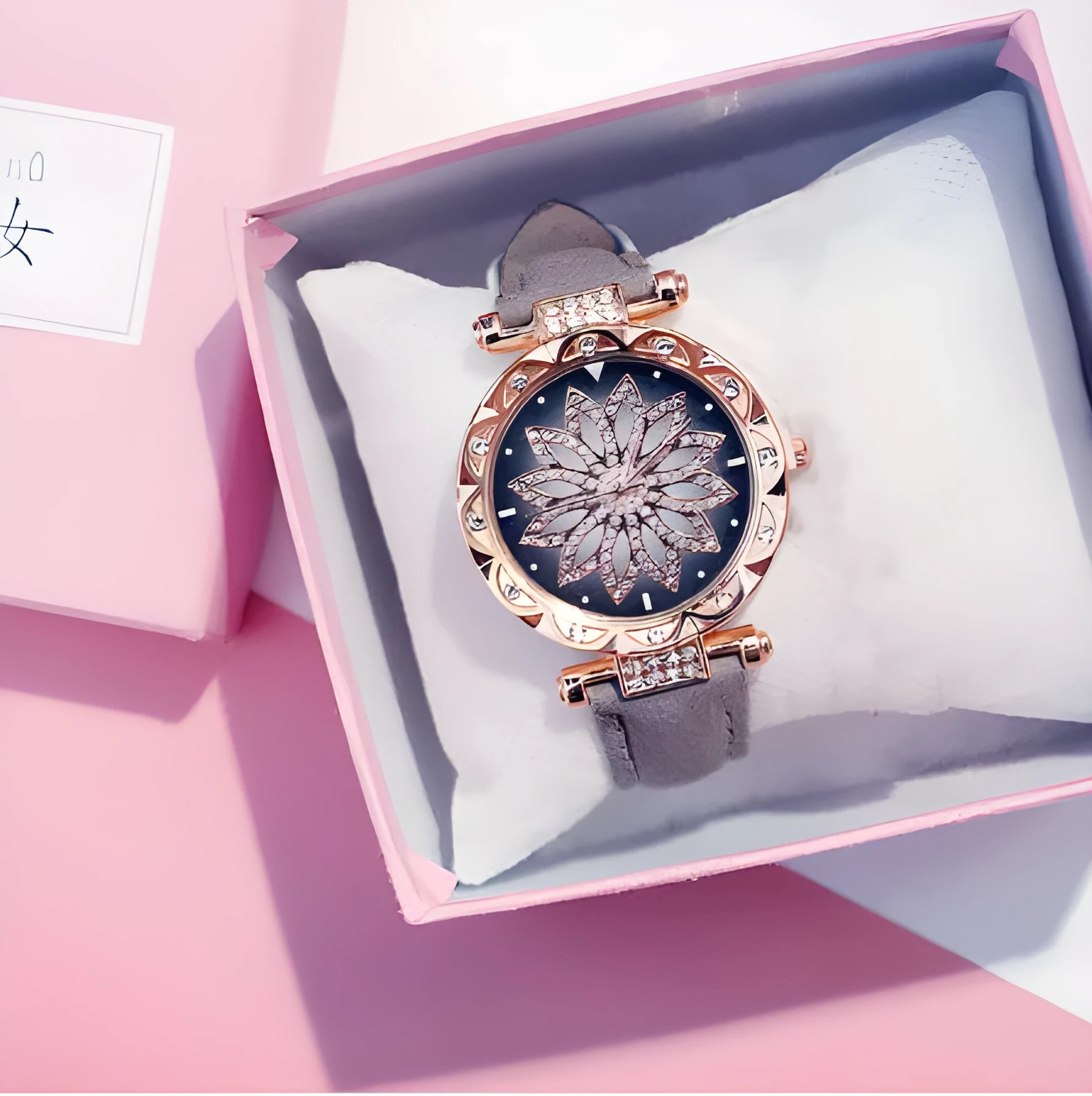 Women's diamond fashion watch with round dial, waterproof to 30m, shown in multiple colour options.
