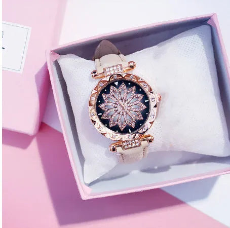 Women's diamond fashion watch with round dial, waterproof to 30m, shown in multiple colour options.