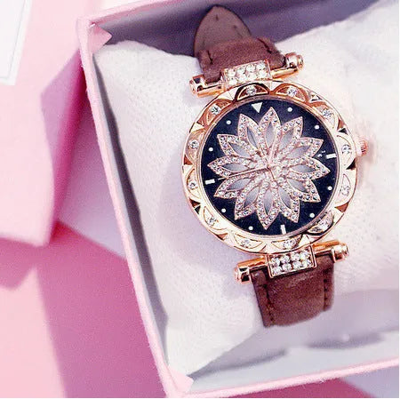 Women's diamond fashion watch with round dial, waterproof to 30m, shown in multiple colour options.
