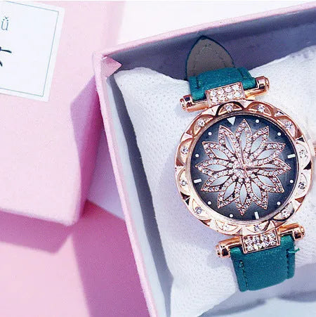 Women's diamond fashion watch with round dial, waterproof to 30m, shown in multiple colour options.