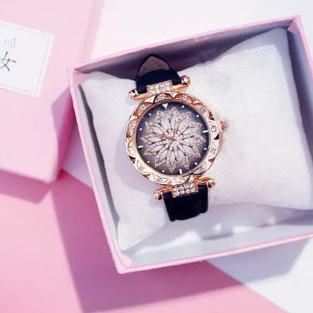 Women's diamond fashion watch with round dial, waterproof to 30m, shown in multiple colour options.