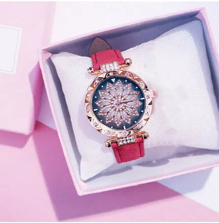 Women's diamond fashion watch with round dial, waterproof to 30m, shown in multiple colour options.