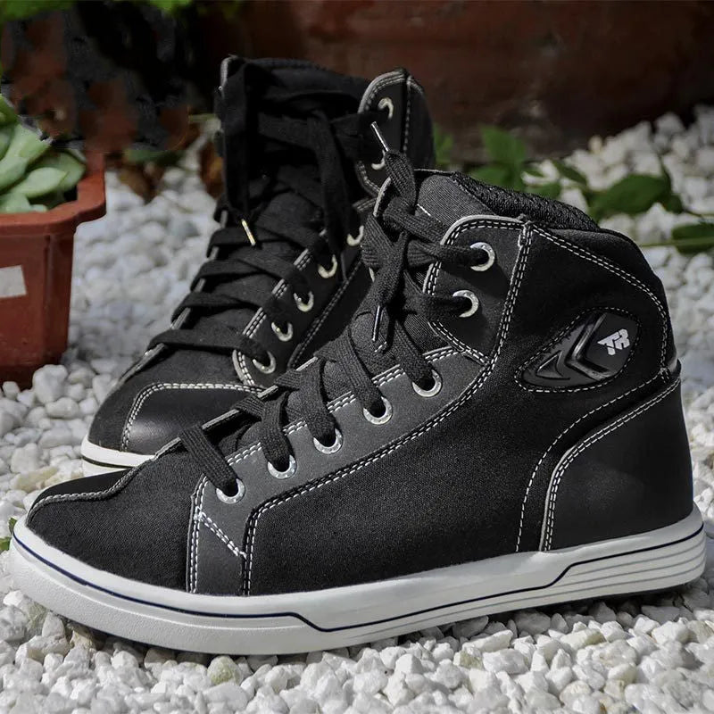 Men's black and grey motorcycle casual short boots for summer riding with breathable anti-fall design.