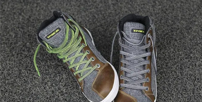 Men's black and grey motorcycle casual short boots for summer riding with breathable anti-fall design.