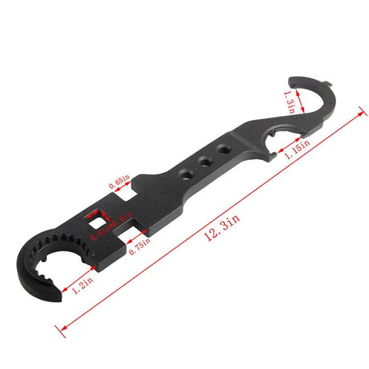 Black all-steel dual purpose combination wrench for AR15 and M4 firearm assembly and maintenance.
