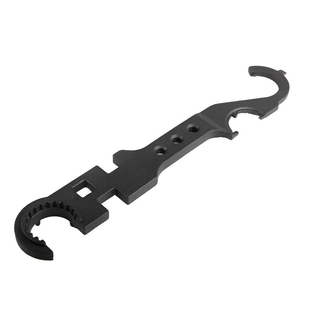 Black all-steel dual purpose combination wrench for AR15 and M4 firearm assembly and maintenance.