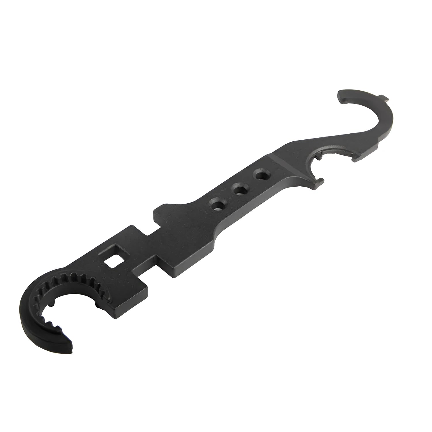Black all-steel dual purpose combination wrench for AR15 and M4 firearm assembly and maintenance.