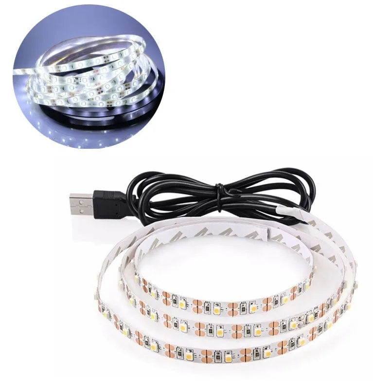 A one-metre long flexible USB LED light strip with SMD5050 LEDs, shown with its 50cm integrated cable, available in six colours.
