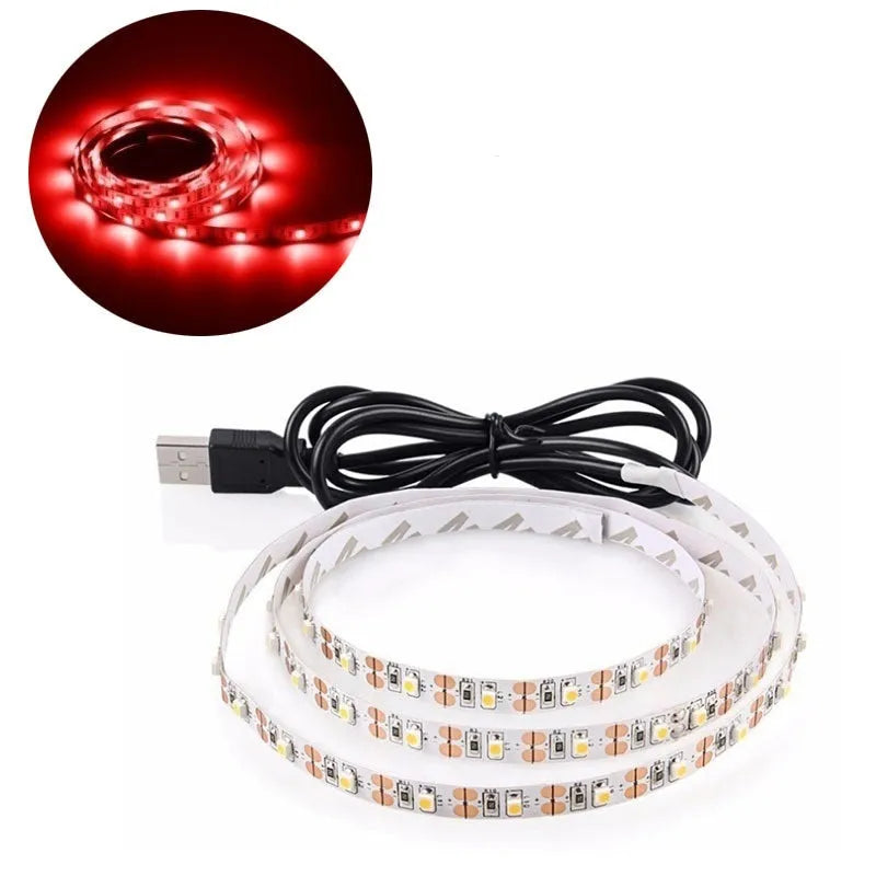 A one-metre long flexible USB LED light strip with SMD5050 LEDs, shown with its 50cm integrated cable, available in six colours.