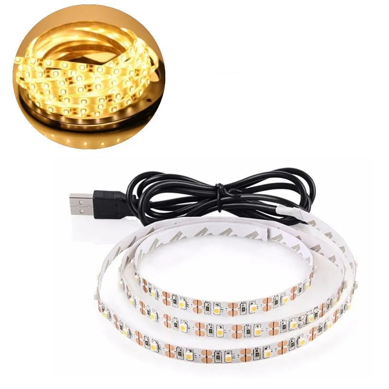 A one-metre long flexible USB LED light strip with SMD5050 LEDs, shown with its 50cm integrated cable, available in six colours.