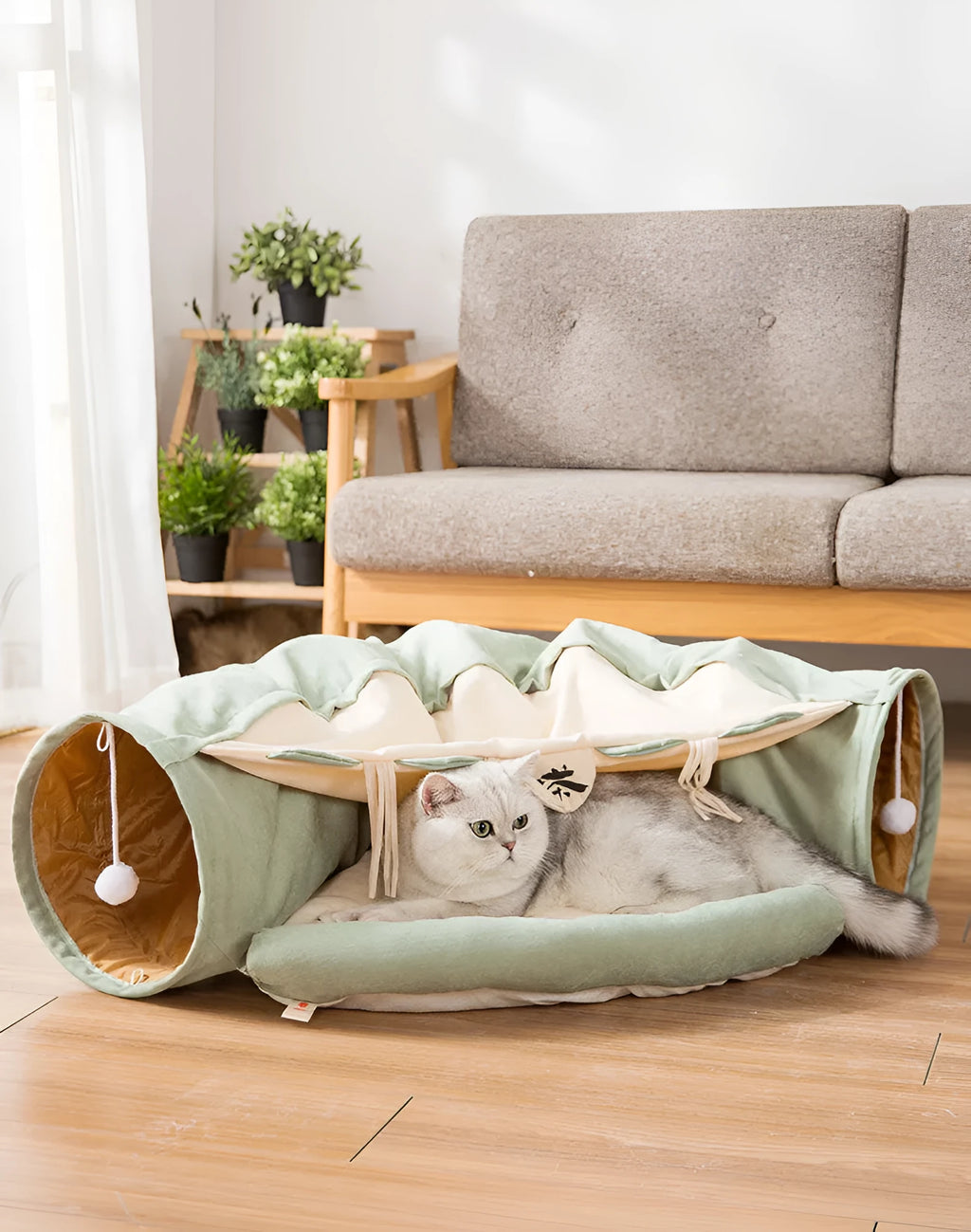 Collapsible cloth cat tunnel in a choice of colours, shown with dimensions 45cm by 50cm by 22cm.