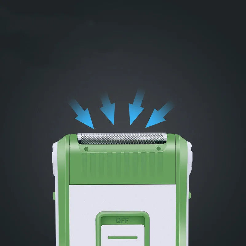 White reciprocating electric shaver with double-layer net head on an ABS plastic body.