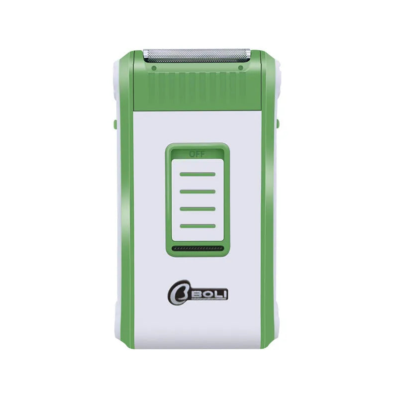 White reciprocating electric shaver with double-layer net head on an ABS plastic body.