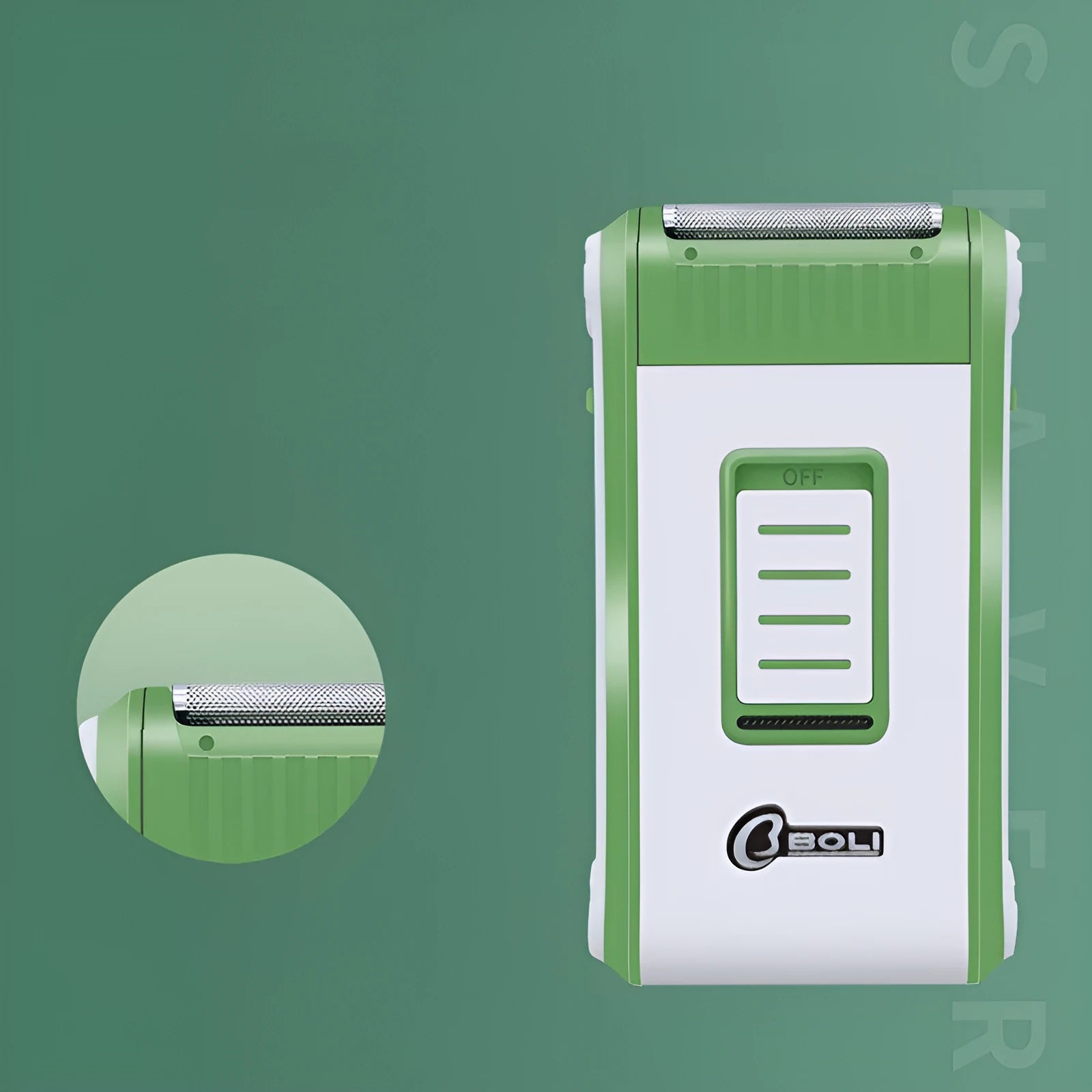White reciprocating electric shaver with double-layer net head on an ABS plastic body.