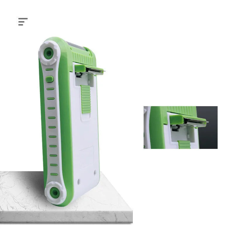 White reciprocating electric shaver with double-layer net head on an ABS plastic body.