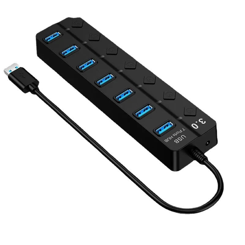 Black seven-port USB 3.0 hub with external power supply unit and cables