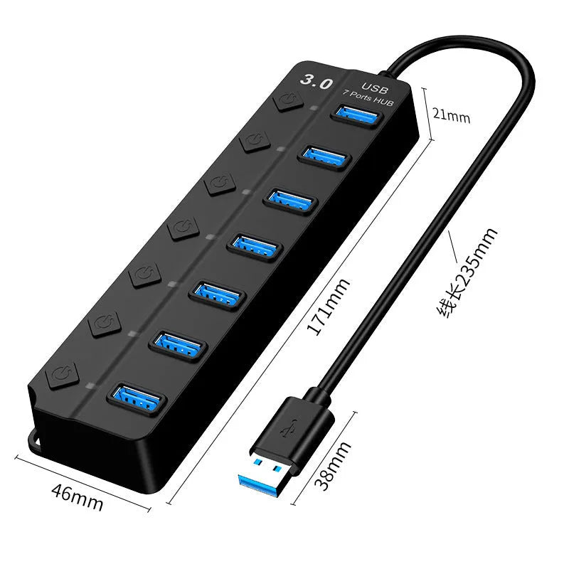 Black seven-port USB 3.0 hub with external power supply unit and cables
